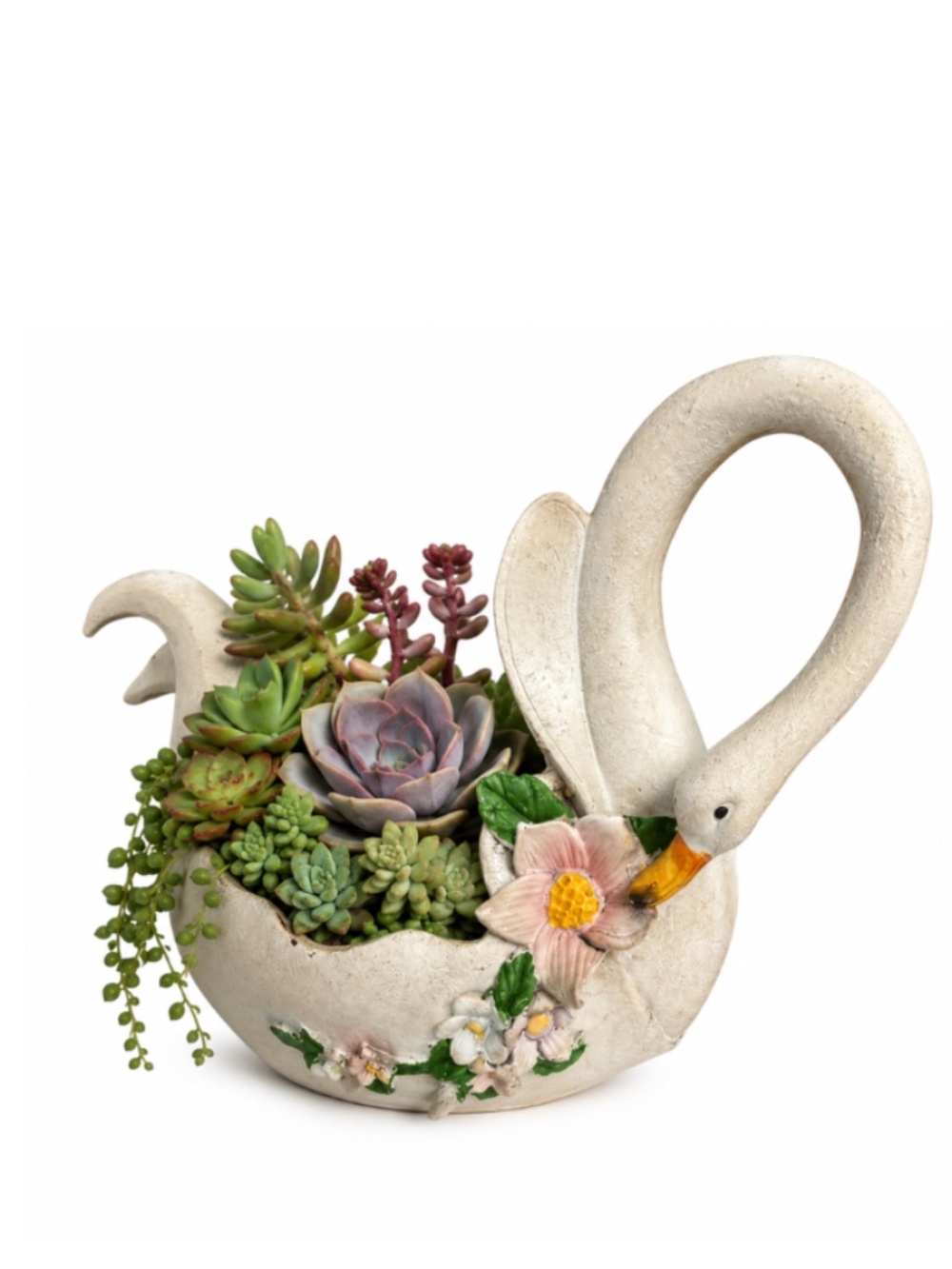 Handmade Ceramic Swan Planter with Floral Accents